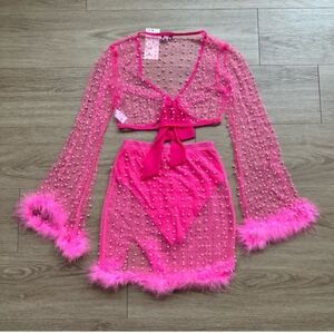 Hot Pink Sheer Beaded Crop Top Size Small